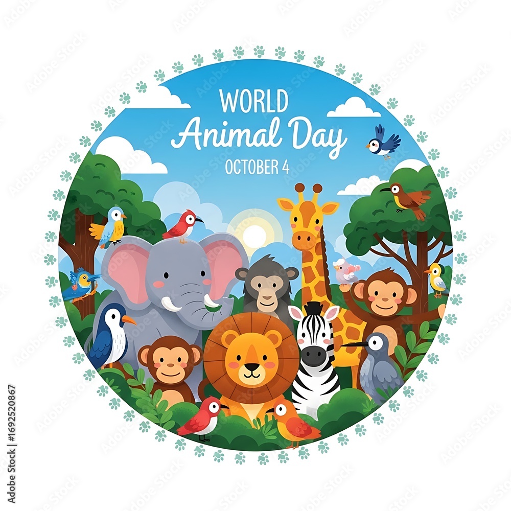 Fototapeta premium World animal day celebration with diverse cartoon animals in a lush landscape