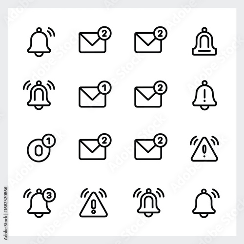 Set of 12 hand-drawn notification icons for bells envelopes and alerts silhouette vector illustration white background