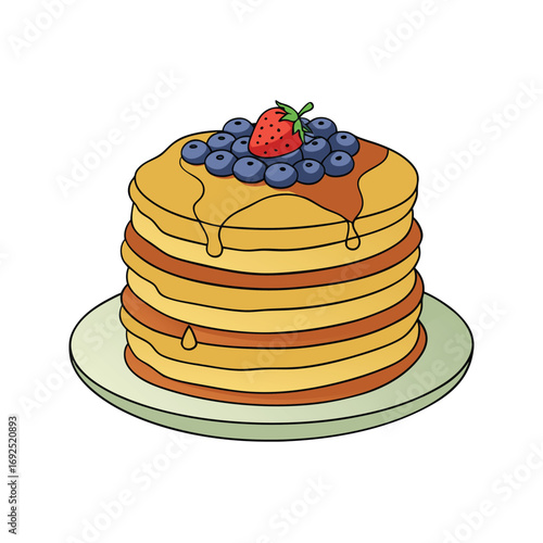 Delicious stack of fluffy pancakes generously drizzled with sweet syrup and topped with fresh vibrant fruit