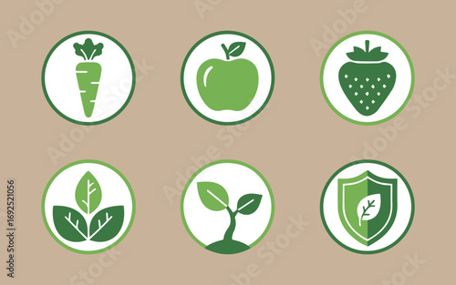 Set of six green organic food and nature icons in oval frames