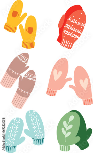 Set of knitted bright woolen mittens winter vector