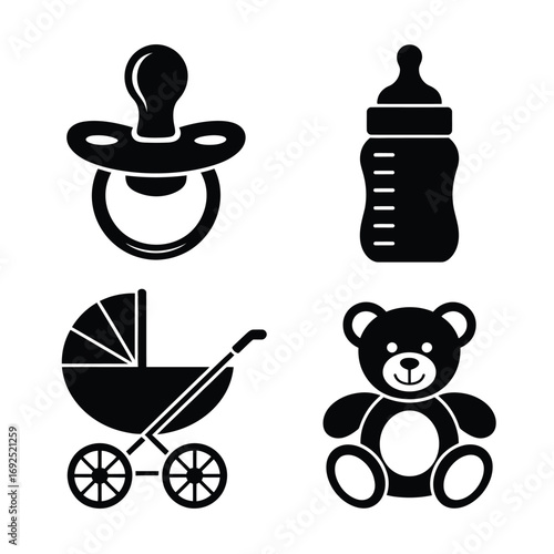Baby essentials collection silhouettes pacifier bottle stroller teddy bear icons for design projects silhouette vector illustration white background