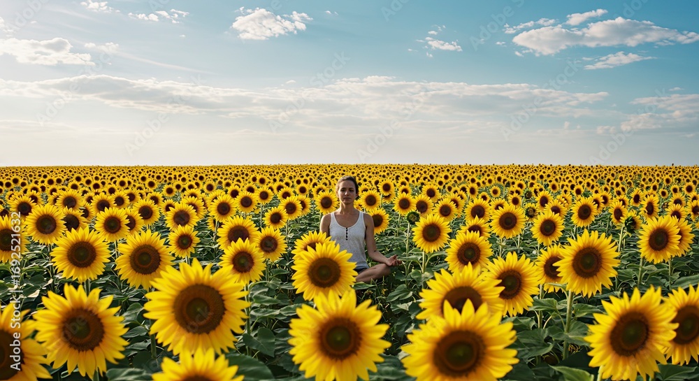 Fototapeta premium Serene Woman Meditating in a Vast Sunflower Field under a Sunny Sky