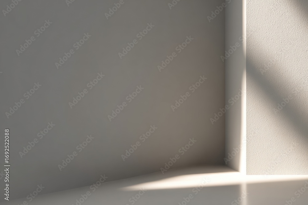 Obraz premium Soft light casts a diagonal shadow on a corner of a minimalist, light-gray room