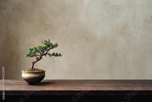 Elegant Bonsai Tree on Wooden Table Against Textured Wall.