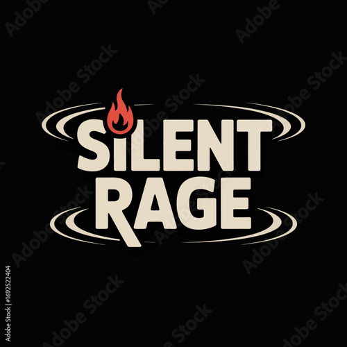 Fiery silent rage text design with energetic swirls and flame emblem capturing intense unexpressed emotion and powerful spirit vector