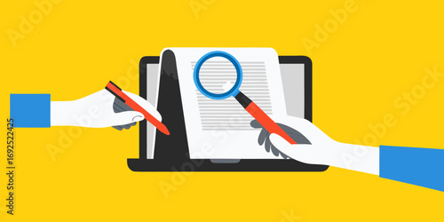 Hands examining and signing a document on a laptop screen with a magnifying glass and pen