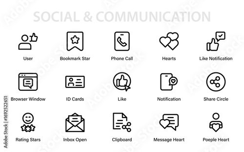 Professional Social and Communication Media Line Icon Pack with Modern Minimal Outline Style for Creative Vector Graphic Collections