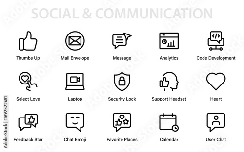 Modern Minimal Professional Social Communication Media Line Icon Pack for Creative Vector Graphic Assets and Digital Interaction Resources
