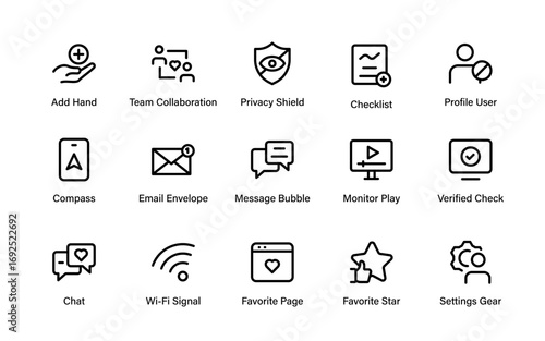 Modern Professional Social Media Communication Line Icon Set Featuring Minimal Outline Vector Style for Creative Digital Graphic Assets