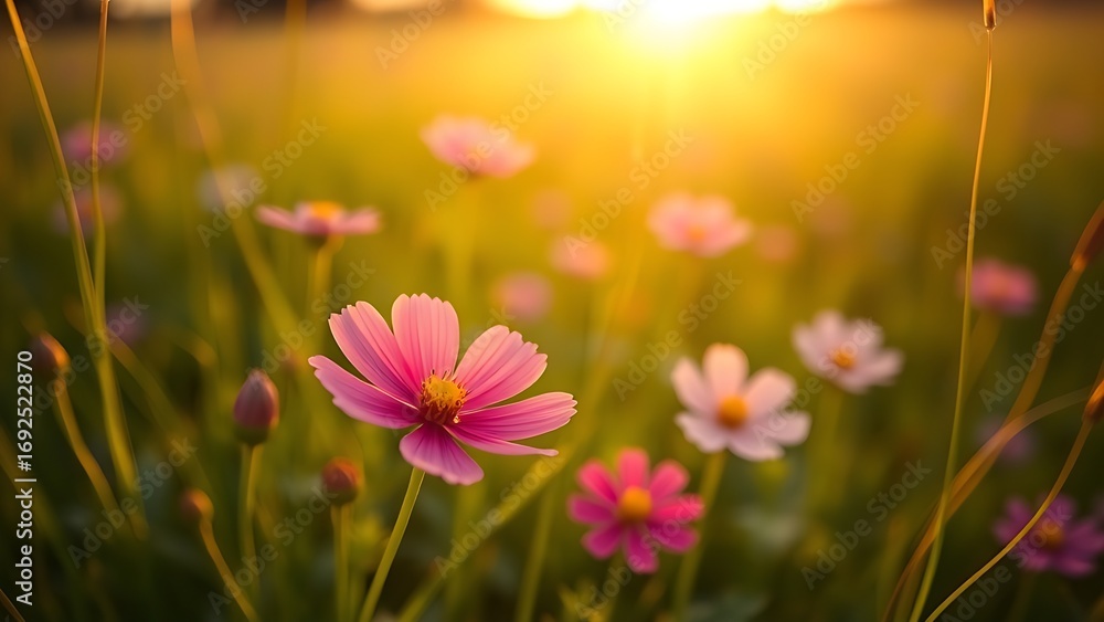 Obraz premium A vibrant cosmos flower blooming in a sunlit green field, radiating natural beauty and tranquility.
