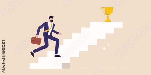 Businessman climbing stairs towards a golden trophy symbolizing success and achievement in career growth