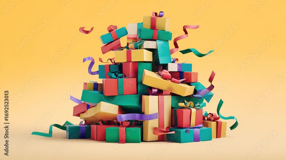 Obraz premium A joyful pile of colorful gift boxes tied with playful ribbons, evoking childhood excitement and wonder.