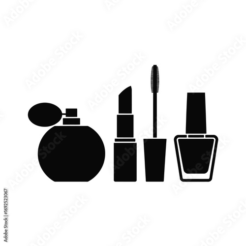 Minimalist silhouette icons of perfume lipstick mascara and nail polish silhouette vector illustration white background