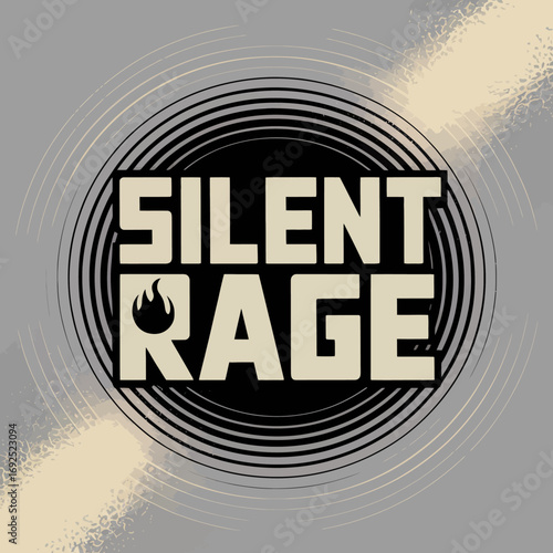 Bold graphic design poster silent rage text with fire symbol circular pattern light beams diagonal abstract style modern creative art vector