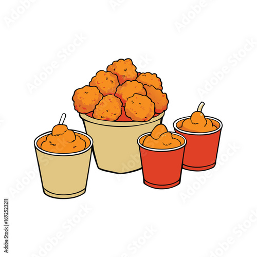 Delicious popcorn chicken bites with assorted dipping sauces presented on a clean white background