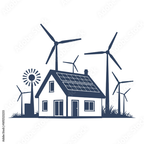 Sustainable home design with wind turbines and solar panels for eco-friendly living silhouette vector illustration white background