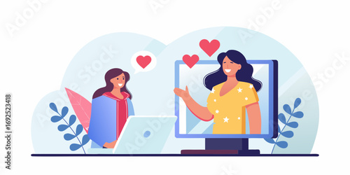 Two women communicating via video call with hearts symbolizing love and connection