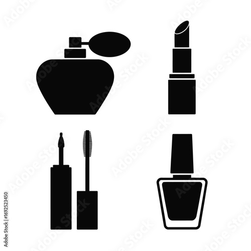 Minimalist black silhouettes of perfume lipstick mascara and nail polish beauty icons silhouette vector illustration white background