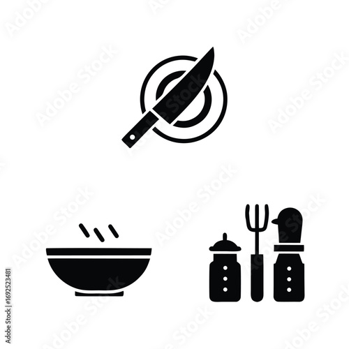Black icons of kitchen utensils and food on white background cooking knife