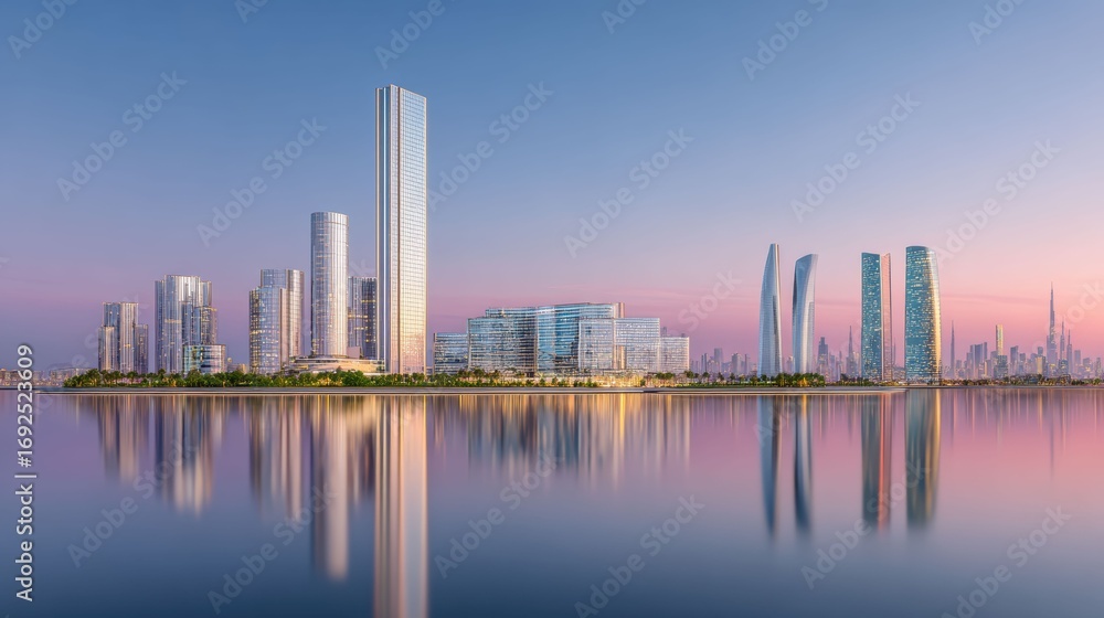 Obraz premium The golden light of sunrise spills between tall glass buildings, its reflection adding a peaceful strength to the modern urban skyline.
