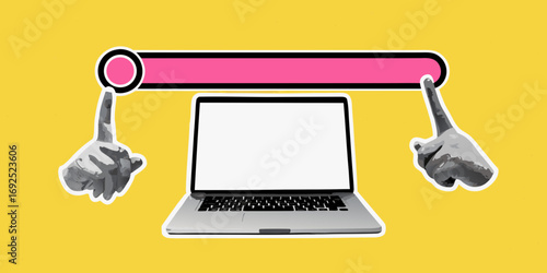 Two hands reaching for a progress bar above a laptop with a blank screen on a yellow background