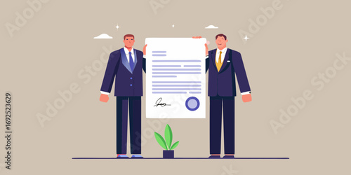 Two businessmen in suits holding up a signed document with a seal and a small plant