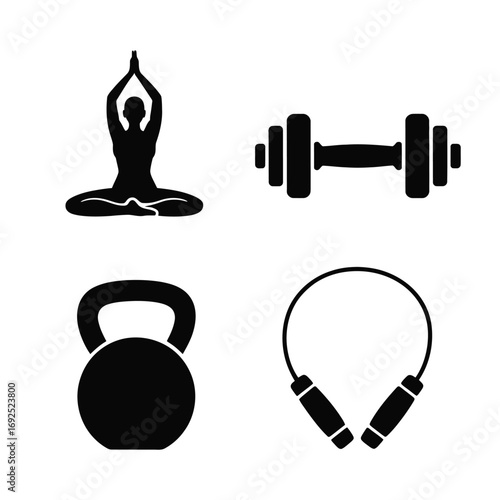 Fitness and wellness icons yoga dumbbell kettlebell jump rope for healthy lifestyle silhouette vector illustration white background