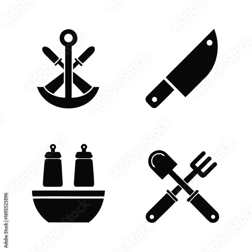Four black icons anchor oars knife salt pepper shakers bowl garden tools crossed nautical