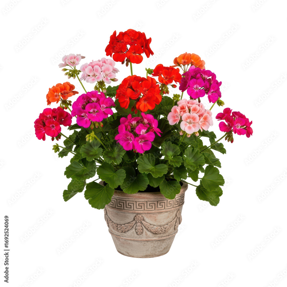 Fototapeta premium Vibrant geranium bouquet in ornate pot on transparent background
