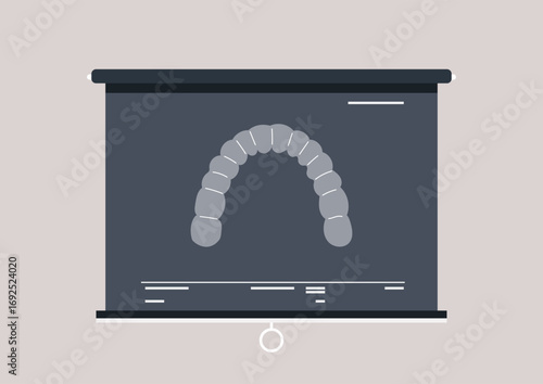 Highlighted on a display board is a detailed x ray showing clear aligners designed for straightening teeth, This presentation emphasizes the intricate process of orthodontic correction