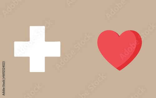 White medical cross and red heart symbol on beige background