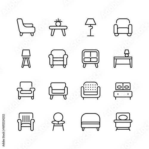 Set of 12 furniture icons featuring chairs sofas tables and lamps for interior design silhouette vector illustration white background