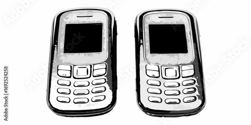 Two vintage mobile phones with physical buttons and black screens displayed side by side on a white background