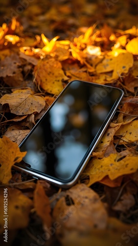smartphone resting on colorful autumn leaves outdoors