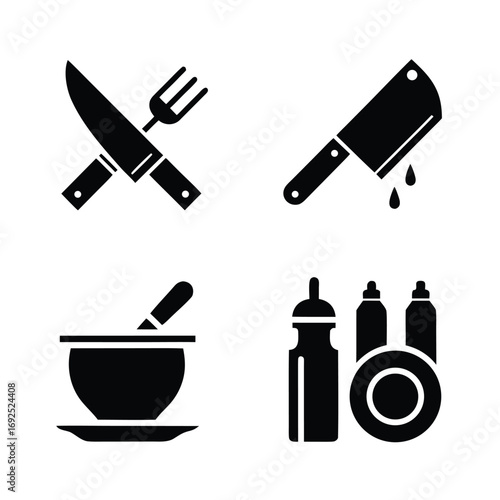 Four black kitchen utensil icons including crossed knife and fork cleaver with drips mortar and pestle and sauce bottles