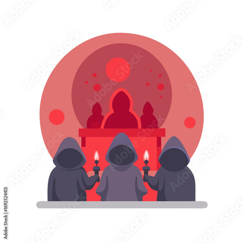 Vector art of mysterious cult meeting in the dark, hooded figures holding candles
