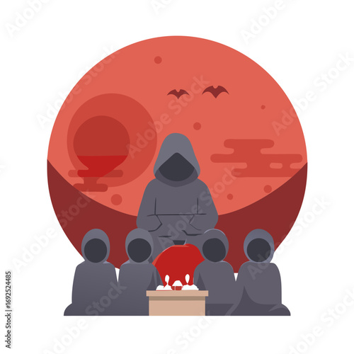 Vector art of mysterious cult meeting under the blood moon, hooded figures praying