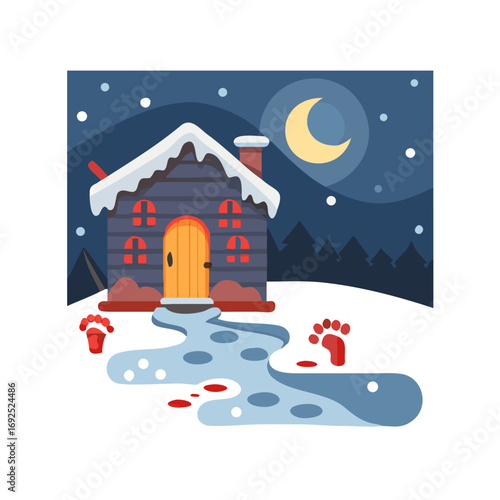 Vector art of creepy cabin in the woods at night with bloody footprints