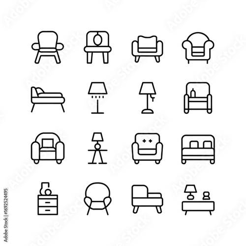 Set of 12 furniture and lighting icons for home decor and interior design projects silhouette vector illustration white background