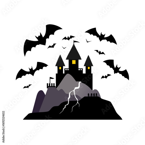 Vector art of a dark and eerie haunted castle on a hill with bats flying around