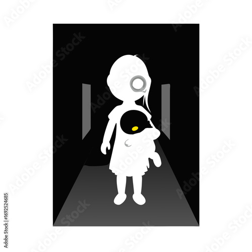 Vector art of a spooky girl with a doll in a dark hallway, creating a sense of unease