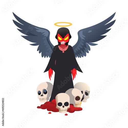 Vector art of a demonic angel with a halo stands among skulls and blood