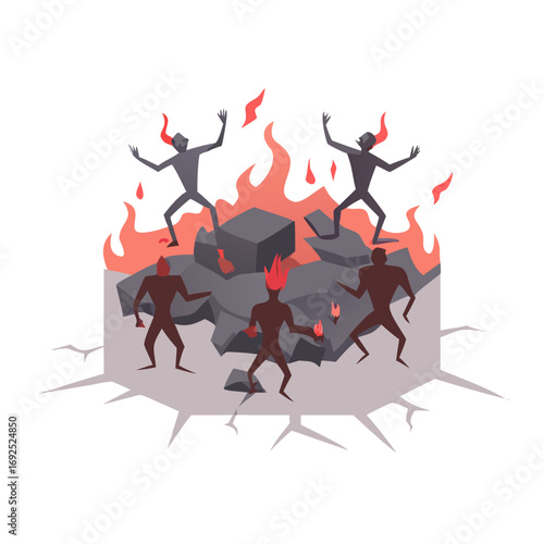 Vector art of demons dance around a fire in hell