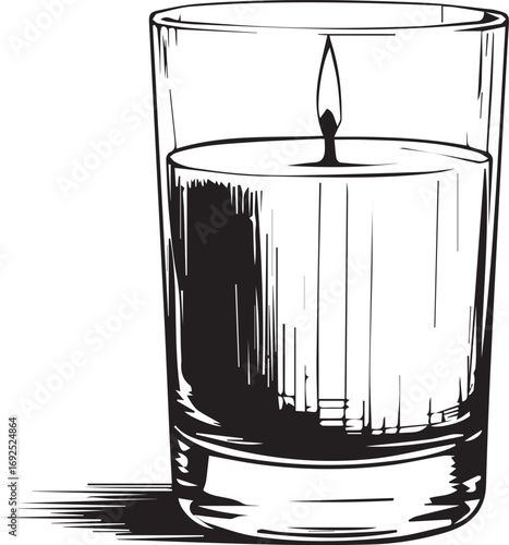 Candle in Glass: An evocative, monochromatic illustration depicts a candle, nestled in a clear glass, its flickering flame casting a play of light and shadow, perfect for designs and spiritual themes.
