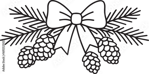 Festive Christmas Decoration: A monochrome illustration of a holiday decoration featuring a bow, pine cones, and evergreen branches, perfect for adding a touch of holiday cheer.