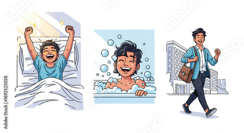 Cheerful daily routine vector illustration. High-res, scalable art of a person waking up, bathing, and going to work. Perfect for lifestyle and business content.