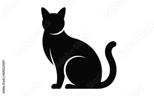 Striking black silhouette of a sitting cat with curled tail graceful animal silhouette vector illustration white background