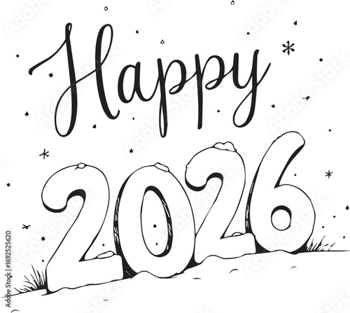 Greeting 2026: Festive black and white illustration proclaims Happy 2026, with elegantly written script. A minimalist, celebratory design suitable for calendars, cards, or social media content.
