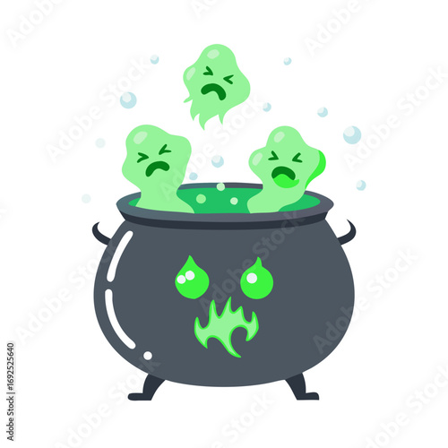 Vector art of cartoon illustration of a spooky halloween cauldron with green potion and ghosts